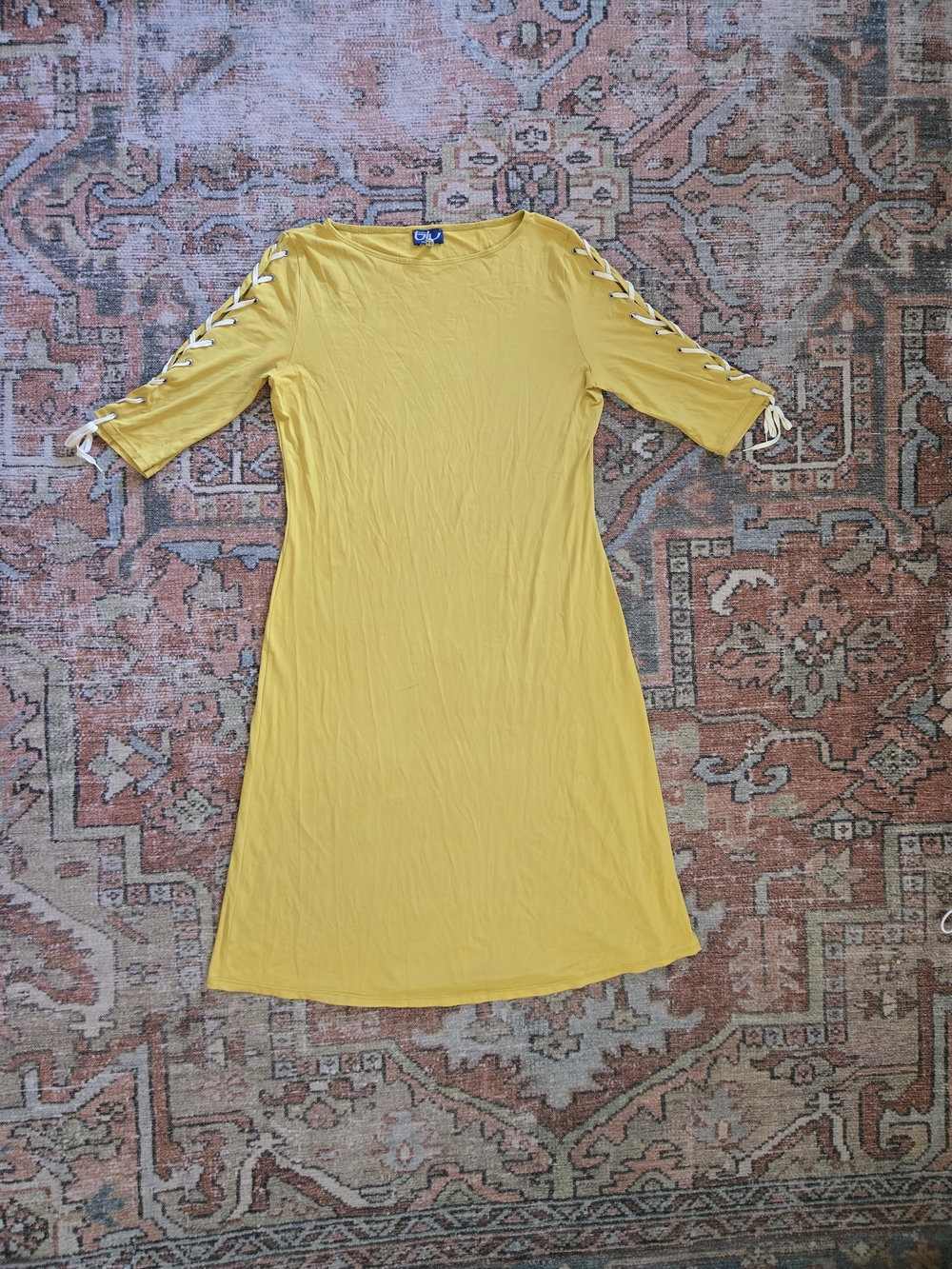 Vintage Byblos Blu bright mustard dress with Sleeve tie cutouts